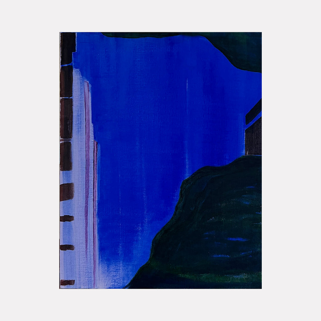 The artwork 'The Blue Hour (violet)' by Cora Jane Glasser features a striking abstract composition with deep cobalt blue dominating the canvas, accented by a vertical lavender structure and dark geometric shapes. Oil on linen creates rich textural elements, with bold contrasts between light and shadow defining the modernist architectural forms.