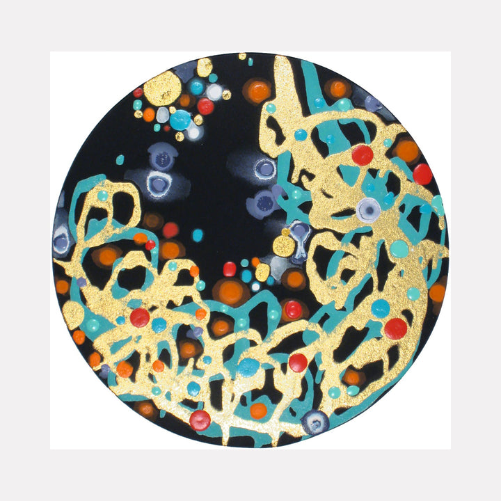 The artwork 'Nimble Nimbus' by Eric Jiaju Lee features abstract organic shapes in vibrant yellow, turquoise, and coral against a deep black background. The circular composition showcases flowing, interconnected patterns reminiscent of microscopic organisms, with delicate dots and spherical elements scattered throughout the acrylic on silk painting. By Eric Jiaju Lee.