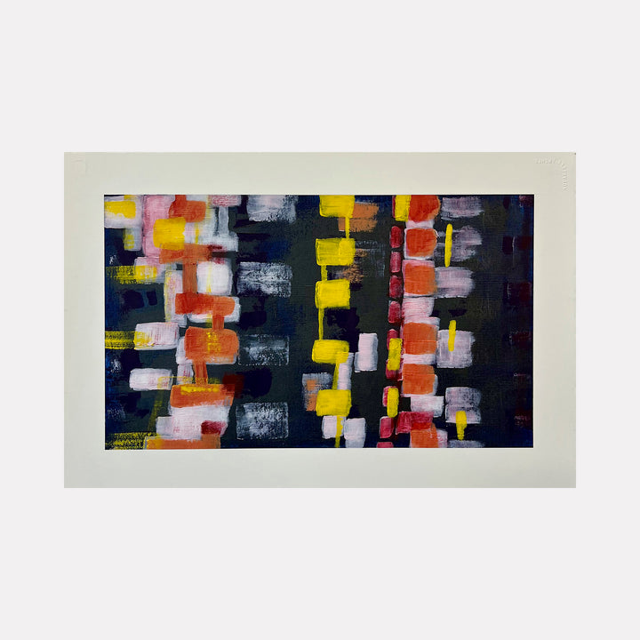 The artwork 'Light A Candle-3' by Cora Jane Glasser features an abstract composition with bold geometric blocks in vibrant yellow, orange, and white against a deep navy background. Vertical patterns of color create a rhythmic mosaic effect, with textured brushstrokes in acrylic paint suggesting illuminated forms floating in darkness by Cora Jane Glasser.