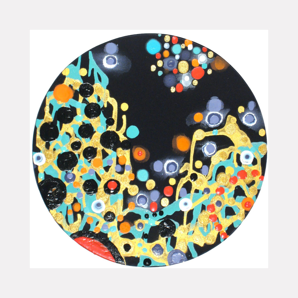 The artwork 'Effusive Efficacies' by Eric Jiaju Lee features a vibrant circular composition with abstract organic forms in yellow and turquoise against a black background. Scattered dots in orange, blue, and white create a constellation-like pattern, while flowing patterns suggest underwater movement. The acrylic on silk medium creates a luminous quality, with contrasting dark and bright elements.