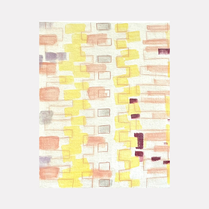 The artwork 'Light A Candle-7' by Cora Jane Glasser features a delicate abstract pattern of rectangular shapes in soft watercolor tones. Yellow, peach, and grey rectangles create a rhythmic vertical composition on white background, with deeper purple accents adding depth. Oil on linen captures subtle color transitions and geometric harmony.