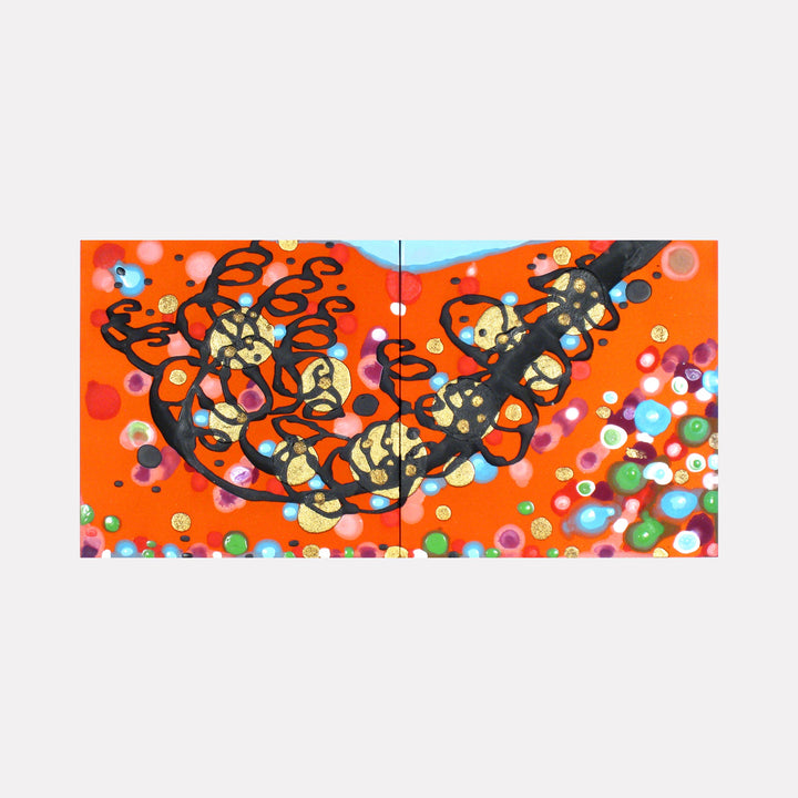 The artwork 'Extend the Epiphanies' by Eric Jiaju Lee features a vibrant diptych with bold black calligraphic swirls against a bright orange background. Abstract forms float amid scattered multicolored dots and circles, creating a dynamic composition on silk. The acrylic painting combines Eastern brushwork with contemporary abstract expressionism. By Eric Jiaju Lee.