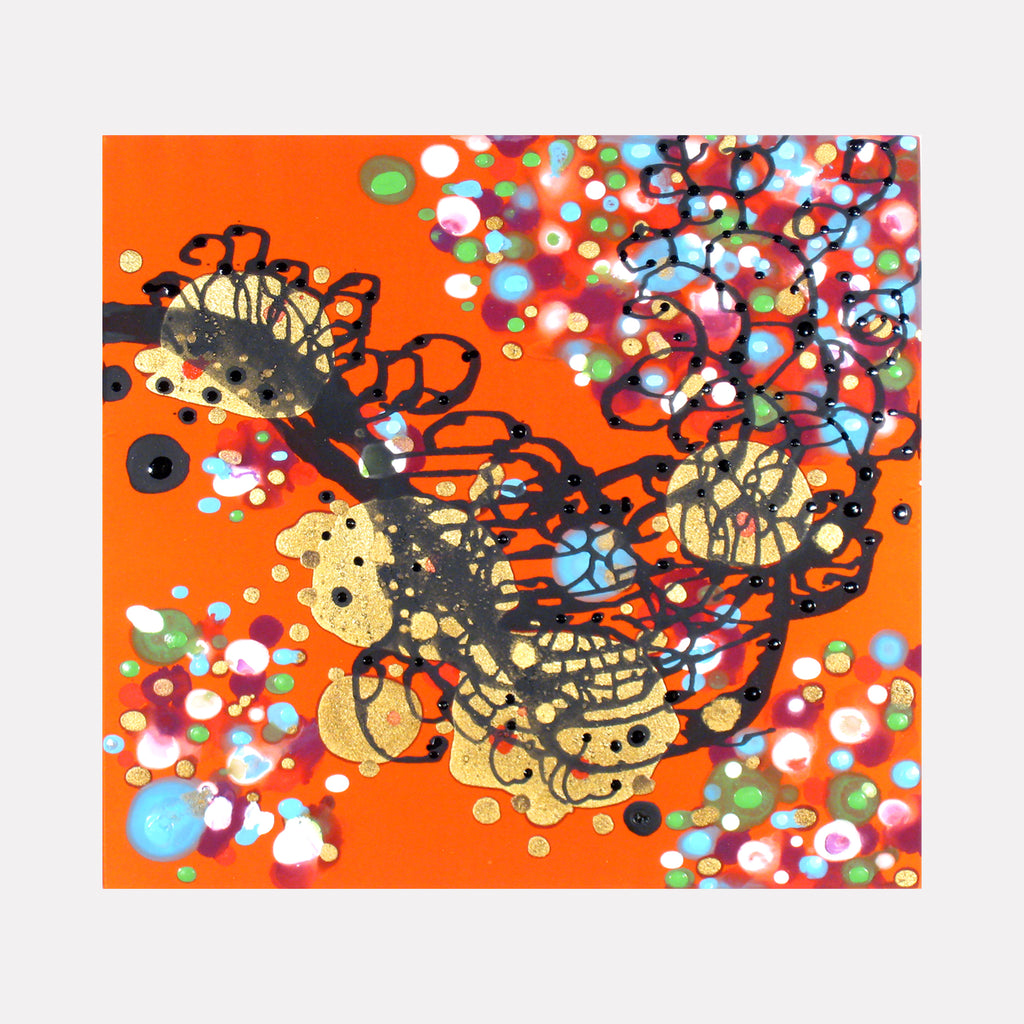 The artwork 'Spilling Upwards Over Blossoms' by Eric Jiaju Lee features an abstract butterfly-like form in black and gold against a vibrant orange background, surrounded by scattered circular elements in white, blue, and multicolored dots, painted with acrylic on silk, creating a dynamic and effervescent composition that appears to float across the surface.