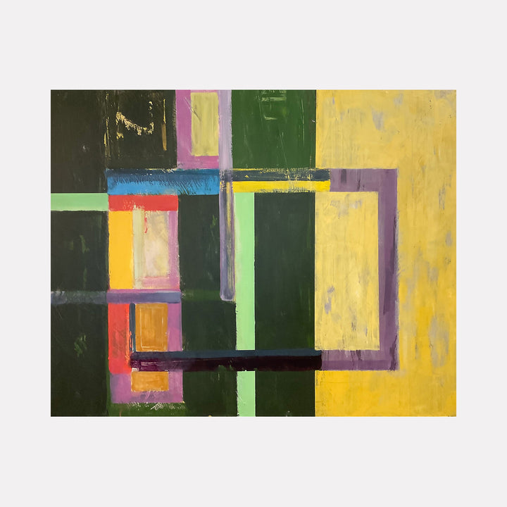 The artwork 'Inside Out 229' by Don Wass features geometric abstract composition with overlapping rectangular shapes in vibrant colors including deep green, bright yellow, purple, and red. Bold blocks create a layered effect with contrasting dark and light areas, painted in acrylic on canvas with textural brushstrokes and clean linear edges.