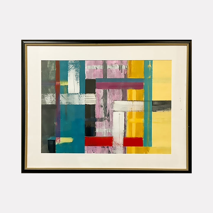 The artwork 'Inside Out 185' by Don Wass features bold geometric abstract composition with intersecting rectangular shapes in vibrant teal, yellow, pink, and white. Textured brushstrokes create dynamic contrast across the canvas, while stark black elements add depth. The acrylic on paper piece showcases a modern, color-block style framed in classic black.