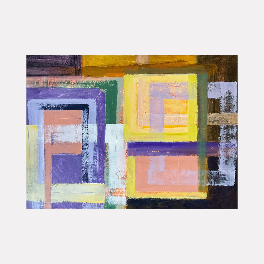 The artwork 'Inside Out 148' by Don Wass features geometric abstract composition with overlapping squares and rectangles in vibrant purple, yellow, peach, and blue tones. Textured brushstrokes and layered acrylic paint create depth on paper, with contrasting dark brown edges framing the colorful blocks. Original acrylic painting by Don Wass.