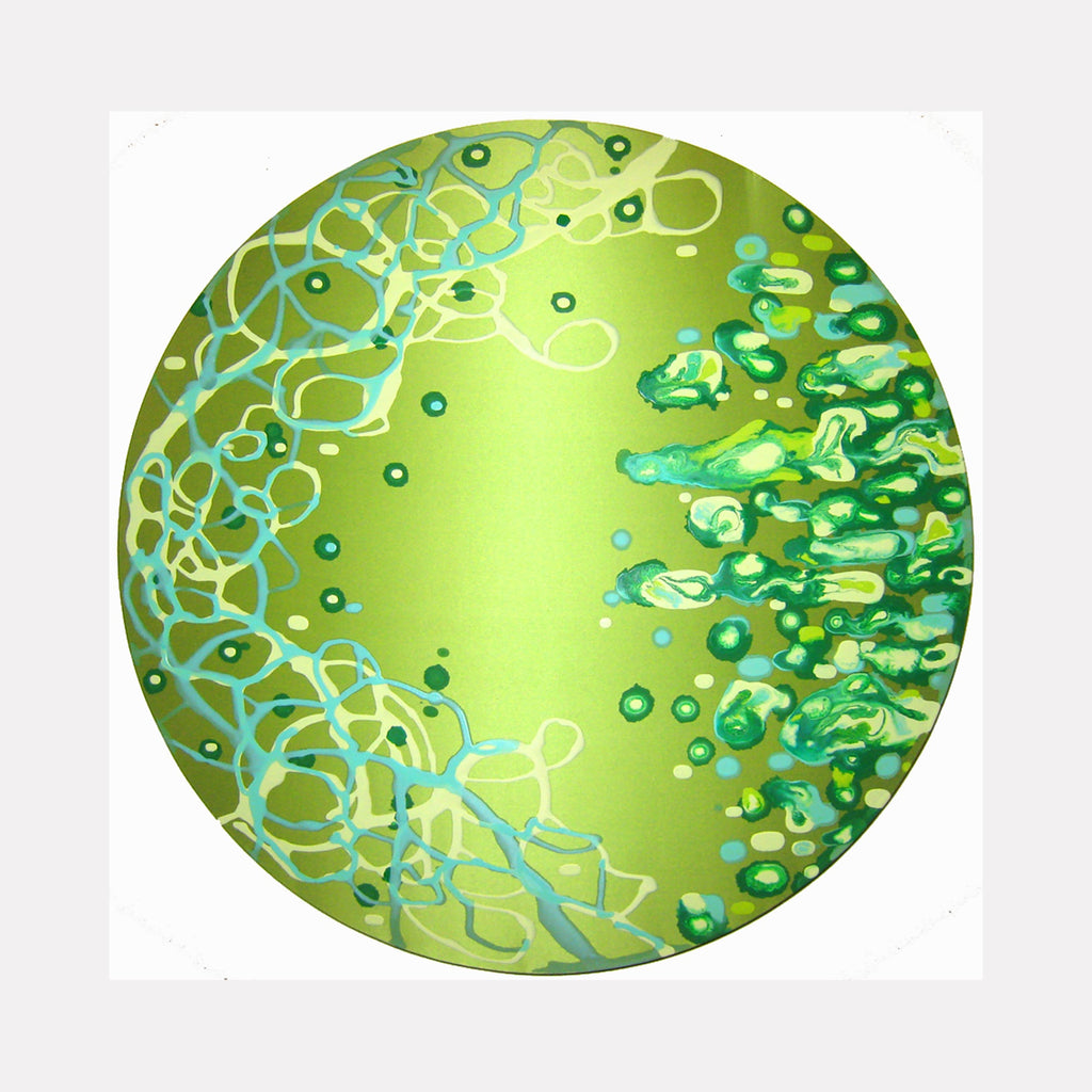 The artwork 'Hailing a Helix' by Eric Jiaju Lee features a circular composition with vibrant lime green background and swirling aqua blue patterns. Abstract organic forms and dots create a dynamic cellular-like structure, with denser clustering on the right side. The acrylic on silk medium creates a luminous effect, suggesting microscopic biological movement. By Eric Jiaju Lee.