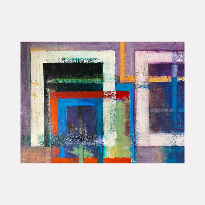 The artwork 'Inside Out 198' by Don Wass features bold geometric abstract shapes in vibrant colors, including deep blues, purples, and oranges. Overlapping rectangular forms create depth and dimension, while textured brushstrokes in acrylic paint on paper reveal layers of color interplay. Crisp white borders contrast with rich jewel tones in this contemporary 22x30 inch composition.