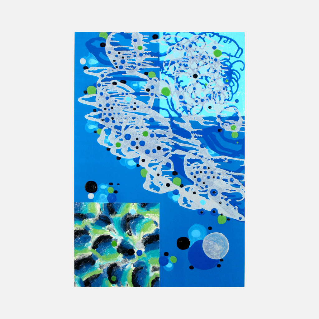 The artwork 'Breezes Blow Cool Kisses' by Eric Jiaju Lee features vibrant abstract patterns in electric blue and turquoise, with dynamic swirling motifs and white linear elements suggesting wind movement. Lime green accents and black dots punctuate the composition, while a detailed inset shows textural elements painted on silk with acrylic medium. By Eric Jiaju Lee.