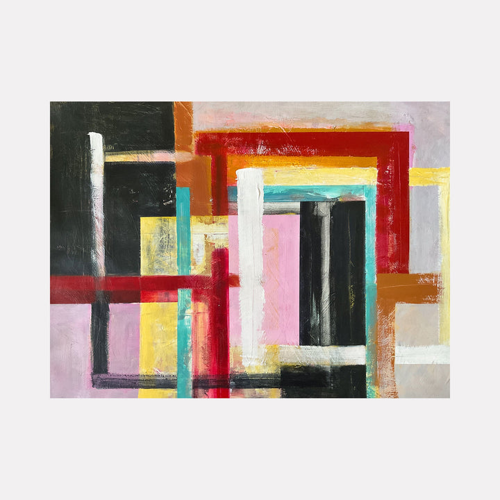 The artwork 'Inside Out 217' by Don Wass features bold geometric abstract composition with intersecting rectangular shapes in vibrant colors including red, yellow, turquoise, black, and pink. The acrylic on paper piece showcases dynamic layering and textural brushwork, creating a modern architectural feel with strong contrasting elements.