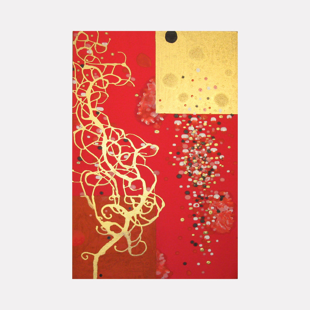 The artwork 'Aspire the Numinous' by Eric Jiaju Lee features a striking composition of golden swirling lines against a vibrant red background. A quadrant of metallic gold occupies the upper right, while scattered dots cascade downward, creating a dynamic contrast. The acrylic on silk piece combines abstract expressionism with Asian artistic influences.