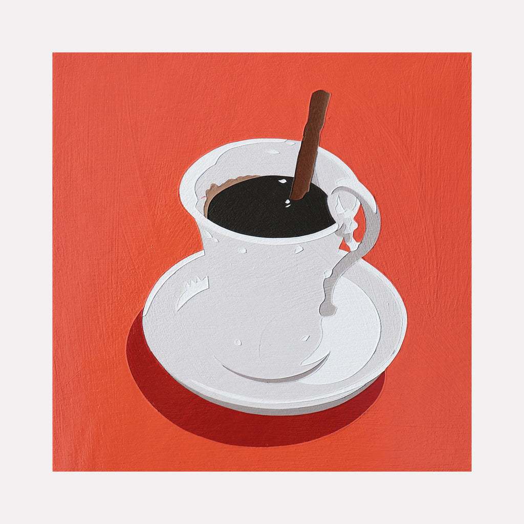 The artwork 'Black Coffee 14' by Lori Larusso depicts a minimalist illustration of a white coffee cup and saucer set against a vibrant coral background. A brown spoon rests in the dark black coffee, creating a simple yet striking composition rendered in acrylic and enamel on wood panel.