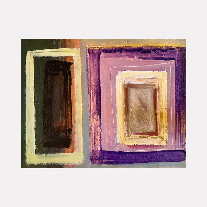 The artwork 'Portal' by Don Wass features two abstract rectangular frames side by side - one in deep brown with cream borders, the other in rich purple and pink tones with golden edges. The acrylic painting on paper showcases bold brushstrokes and layered color transitions, creating a dimensional portal-like effect through contrasting light and dark spaces.