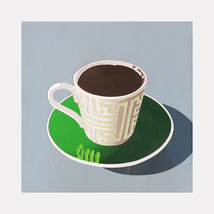 The artwork 'Black Coffee 15' by Lori Larusso depicts a white coffee cup with geometric maze-like patterns on its surface, set on a vibrant green saucer. The cup casts a crisp shadow against a pale blue background, rendered in acrylic and enamel on wood panel with a minimalist, pop art style.