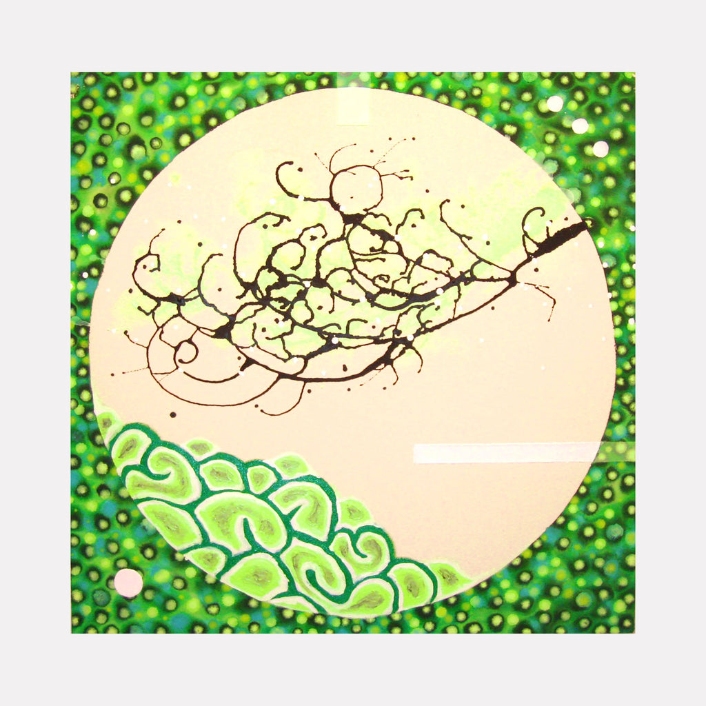 The artwork 'Environmentality' by Eric Jiaju Lee features a vibrant composition combining abstract black ink swirls against a cream-colored circular backdrop, surrounded by lush green dotted patterns. A stylized cloud-like formation in bright green occupies the lower corner, creating a dynamic interplay between organic forms and geometric patterns on acrylic canvas.