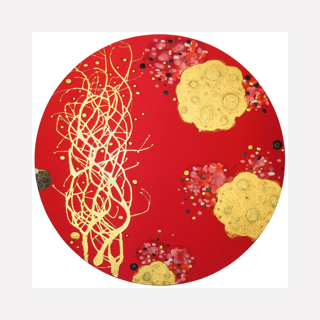 The artwork 'Kindle and Blossom' by Eric Jiaju Lee features a vibrant circular composition on silk with luminous golden abstract forms against a deep red background. Delicate intertwining yellow tendrils flow organically alongside clustered golden circular patterns, embellished with scattered pink and black dots creating a dynamic, ethereal aesthetic using acrylic on silk.