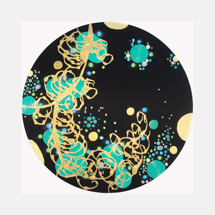 The artwork 'Mystic Meanderer' by Eric Jiaju Lee features ethereal swirling patterns in metallic gold intertwined with vibrant turquoise circles on a deep black background. Small dots and orbs create a celestial, galaxy-like effect. The circular composition on silk showcases abstract organic forms flowing with dynamic movement and cosmic energy. Original acrylic painting by Eric Jiaju Lee.