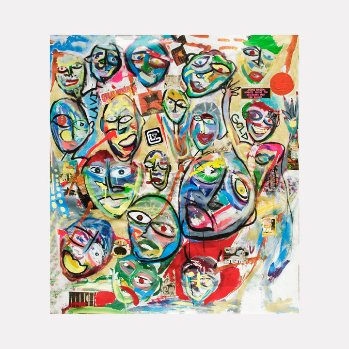 The artwork '17 Souls' features abstract expressionist faces rendered in vibrant blues, greens, reds, and yellows against a dynamic background. The composition displays multiple stylized circular portraits with bold outlines, creating a lively, energetic collage effect. Painted with acrylic latex and oil on canvas, the piece showcases loose brushstrokes and spontaneous mark-making techniques. By Cavier Coleman.