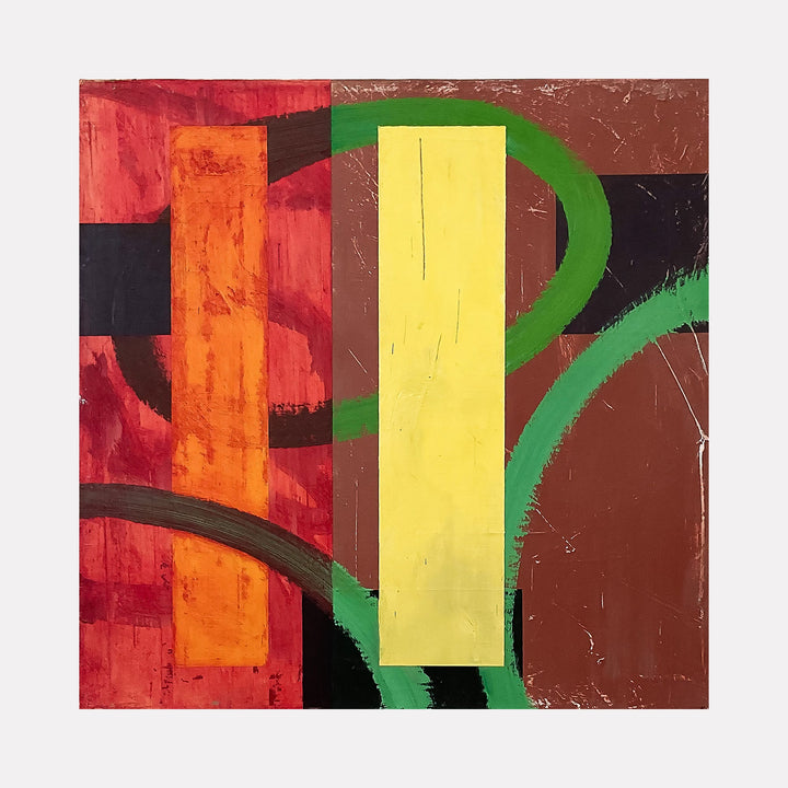 The artwork 'Early Inside Out' by Don Wass features bold geometric abstractions with vibrant vertical strips in yellow and orange, contrasting against deep reds and browns. Curved green lines sweep through the composition, creating dynamic movement. The acrylic painting on paper showcases a modern abstract style with strong color blocking and architectural elements.