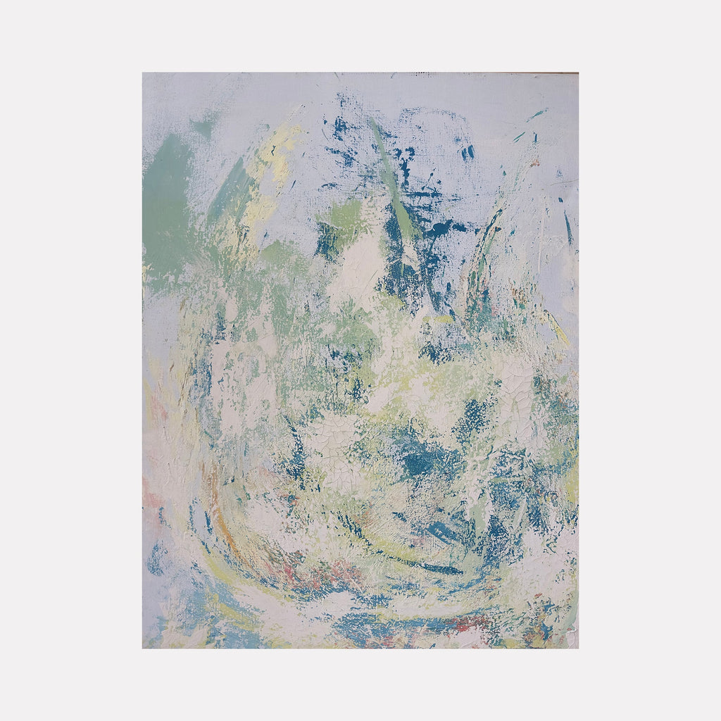 The artwork 'Untitled' by Jacqueline Ferrante features a swirling abstract composition in soft pastel tones. Ethereal layers of sage green, pale yellow, and deep blue blend with textured plaster on linen, creating a dreamlike atmospheric effect. The brushwork appears dynamic and gestural, with delicate color transitions and weathered surfaces.