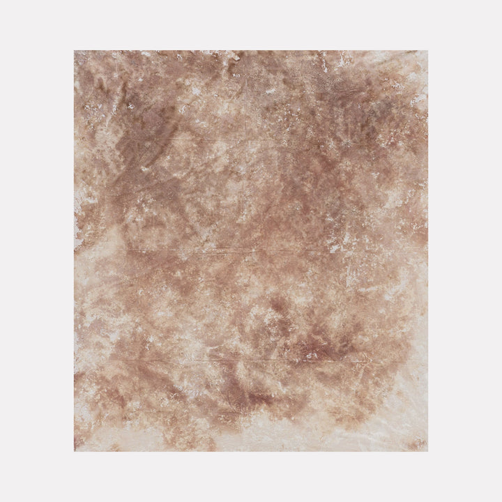 The artwork 'Con il vino Primitivo' by Jacqueline Ferrante features ethereal earth-toned textures in varying shades of sepia and rust, created with Primitivo wine, gesso, and sand on linen. Abstract swirls and organic patterns emerge from the layered mixed media, resembling weathered stone or aged parchment, measuring 64x42 inches - by Jacqueline Ferrante.