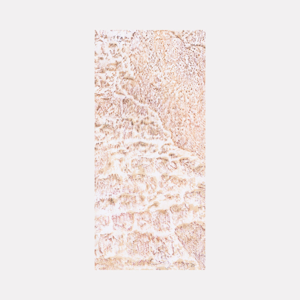 The artwork 'Distorsione di ciminiera' by Jacqueline Ferrante features ethereal layers of blush pink and earthy beige tones creating an abstract, textural landscape. Organic patterns flow across the linen canvas, reminiscent of natural mineral formations, with delicate poppy pigments and wine stains merging to form gentle ripples and cascading waves.