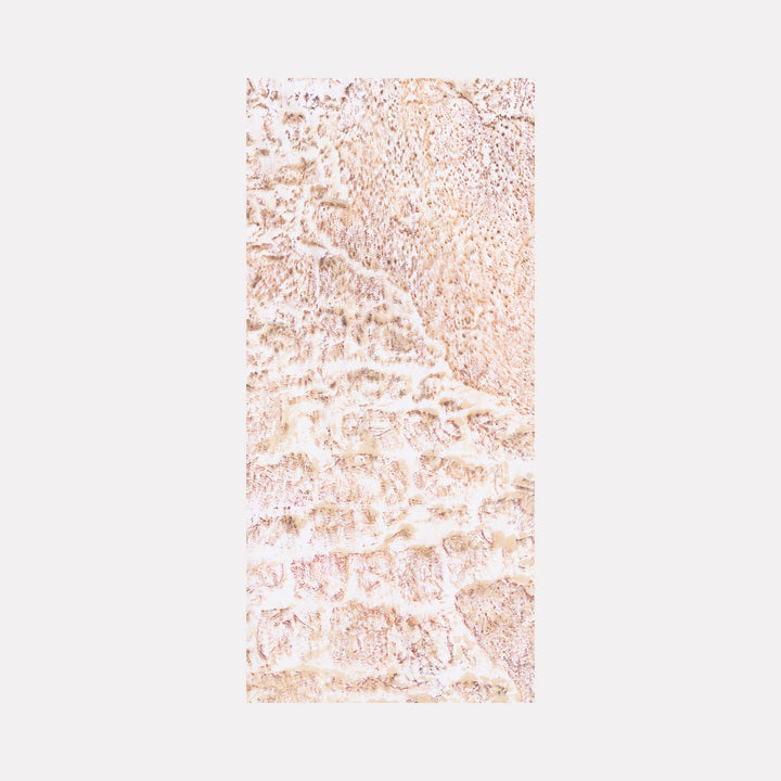 The artwork 'Distorsione di ciminiera' by Jacqueline Ferrante features ethereal layers of blush pink and earthy beige tones creating an abstract, textural landscape. Organic patterns flow across the linen canvas, reminiscent of natural mineral formations, with delicate poppy pigments and wine stains merging to form gentle ripples and cascading waves.