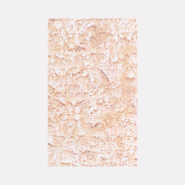 The artwork 'Distorsione di muro VIII' by Jacqueline Ferrante features an abstract textural composition in soft peachy-beige tones. Natural pigments create a marbled, wall-like surface with organic swirls and weathered patterns, reminiscent of eroded limestone or naturally aged plaster. The mixed media technique using coffee, wine, and natural pigments adds depth and earthy authenticity to the linen canvas.