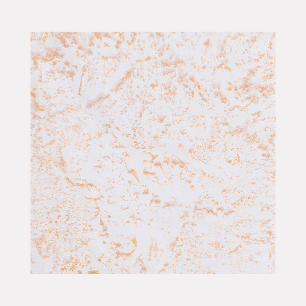 The artwork 'Distorsione di muro XIII' by Jacqueline Ferrante features a delicate abstract composition with speckled peach and coral tones scattered across a white linen canvas. The textural pattern resembles weathered wall surfaces, with organic mineral pigment formations creating a subtle, distressed effect. Dye cochineal and mineral earth pigments on linen, 22x22 inches.