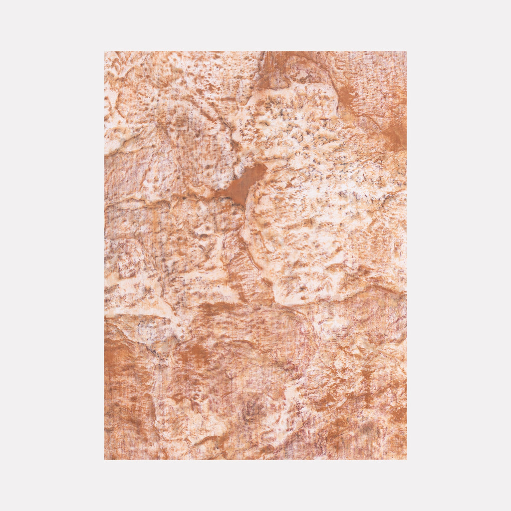 The artwork 'Distorsione di muro XXIII' by Jacqueline Ferrante features abstract textural elements in warm terracotta and blush tones, created with wine dye, coffee dye, and mineral earth pigments on linen. The composition reveals organic, wall-like patterns with rough, layered surfaces reminiscent of weathered stone or ancient frescoes.