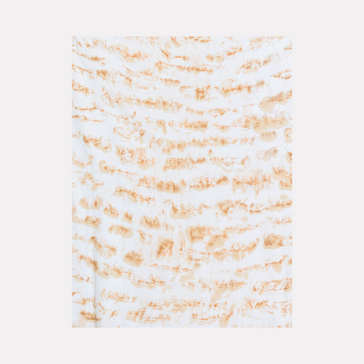 The artwork 'Distorsione di tetto' by Jacqueline Ferrante features delicate horizontal waves of coffee-stained patterns on white linen, creating a subtle ripple effect. The mineral earth pigments and cochineal dye blend harmoniously in warm sepia tones, producing an abstract, minimalist composition reminiscent of natural textures. By Jacqueline Ferrante.