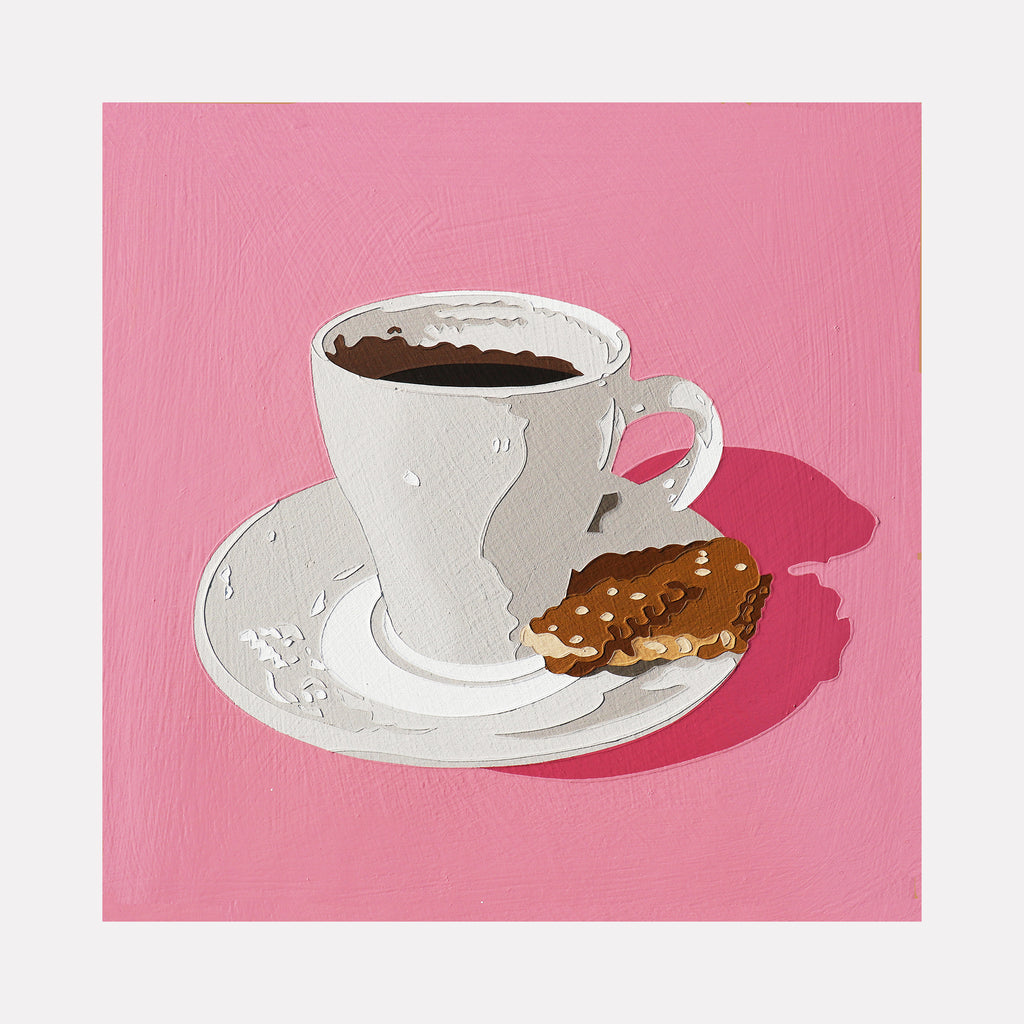 The artwork 'Black Coffee 20' by Lori Larusso depicts a minimalist illustration of a white ceramic coffee cup and saucer against a vibrant pink background. A chocolate chip cookie rests on the saucer beside the cup. The painting features clean lines and sharp shadows, rendered in acrylic and enamel on wood panel, showcasing a contemporary pop art style.