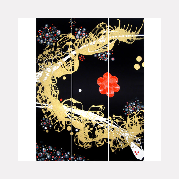 The artwork 'Anima Rising' by Eric Jiaju Lee features a dynamic triptych with sweeping golden celestial forms against a deep black background, accented by clusters of blue and red dots and a prominent coral-colored bloom. The abstract acrylic painting combines Asian-inspired brushwork with contemporary geometric elements, presented across three panels. By Eric Jiaju Lee.