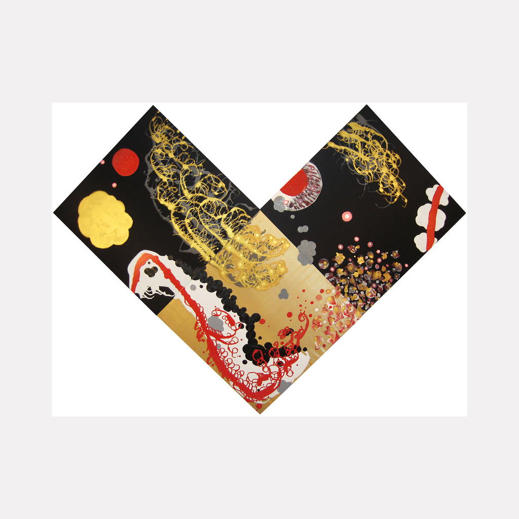 Valences of Ascendancy triptych by Eric Jiaju Lee features abstract compositions on black backgrounds with vibrant gold, red, and white elements. Dynamic swirling patterns and dot clusters create movement across silk and satin surfaces. Metallic accents and circular motifs evoke celestial imagery, while fluid forms suggest organic movement. By Eric Jiaju Lee.