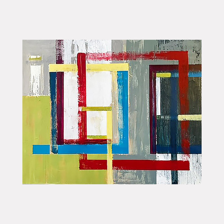 The artwork 'Inside Out 232' by Don Wass features geometric abstract composition with bold rectangular shapes in vibrant red, blue, and yellow against a soft sage green and gray background. Crisp lines intersect creating dynamic movement across the acrylic canvas, showcasing a modern minimalist style with contrasting color blocks and textured brushstrokes.