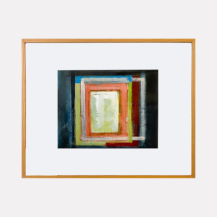 The artwork 'Inside Out 34' by Don Wass features concentric rectangular frames in vibrant coral, yellow, and dark blue tones, creating a portal-like effect. The abstract composition uses bold brushstrokes and layered acrylic paint on paper, with a textured finish and geometric precision, framed in natural wood.