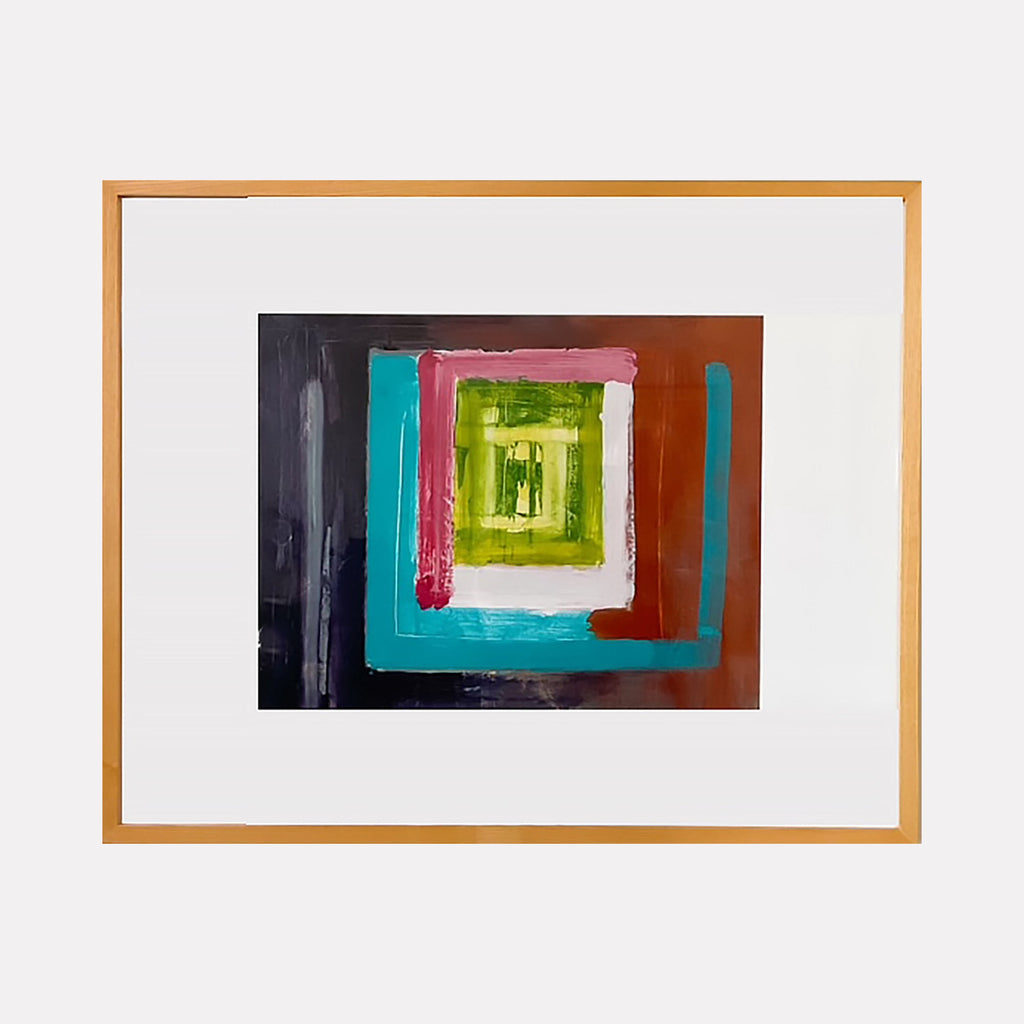 The artwork 'Inside Out 104' by Don Wass features concentric squares in vibrant turquoise, pink, and lime green against a dark background, creating a tunnel-like perspective. Bold brushstrokes and textural acrylic paint application create a dynamic, abstract composition, professionally framed in natural wood. Artist: Don Wass