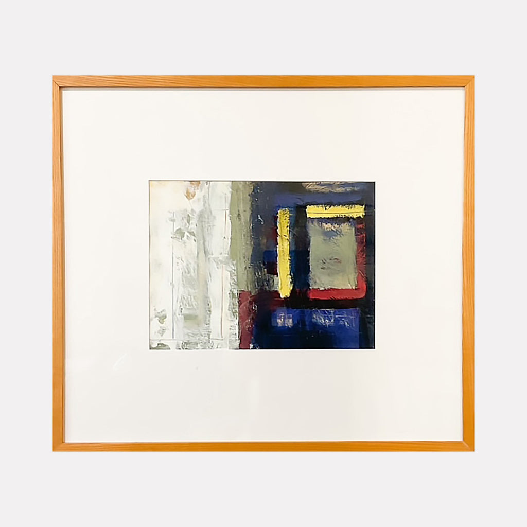 The artwork 'Inside Out 15' by Don Wass features an abstract composition with bold geometric shapes in deep navy blue, rich burgundy, and yellow accents against a textured white background. Thick brushstrokes create dimensional layers of acrylic paint, while a natural wood frame complements the contemporary artistic style.