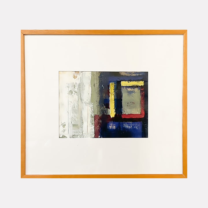 The artwork 'Inside Out 15' by Don Wass features an abstract composition with bold geometric shapes in deep navy blue, rich burgundy, and yellow accents against a textured white background. Thick brushstrokes create dimensional layers of acrylic paint, while a natural wood frame complements the contemporary artistic style.