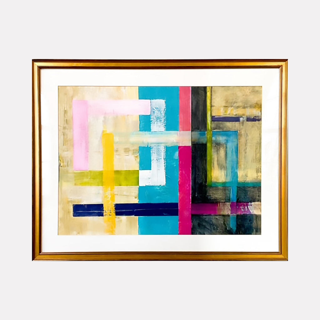 The artwork 'Inside Out 190' by Don Wass features a vibrant abstract composition with intersecting geometric shapes in bold colors. Pink, turquoise, yellow, and navy blocks create dynamic crossroads against a warm beige background. The acrylic on paper piece showcases textural brushstrokes within a classic gold frame, measuring 22x30 inches. By Don Wass.