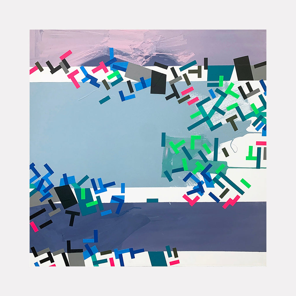 The artwork 'AEmhhaao' by Philippe Halaburda features geometric abstract composition with scattered rectangular shapes in blue, green, pink, and black against a gradient background of soft purple and blue tones. Dynamic arrangement of tape elements creates movement across the canvas, with concentrated clusters framing a central negative space.