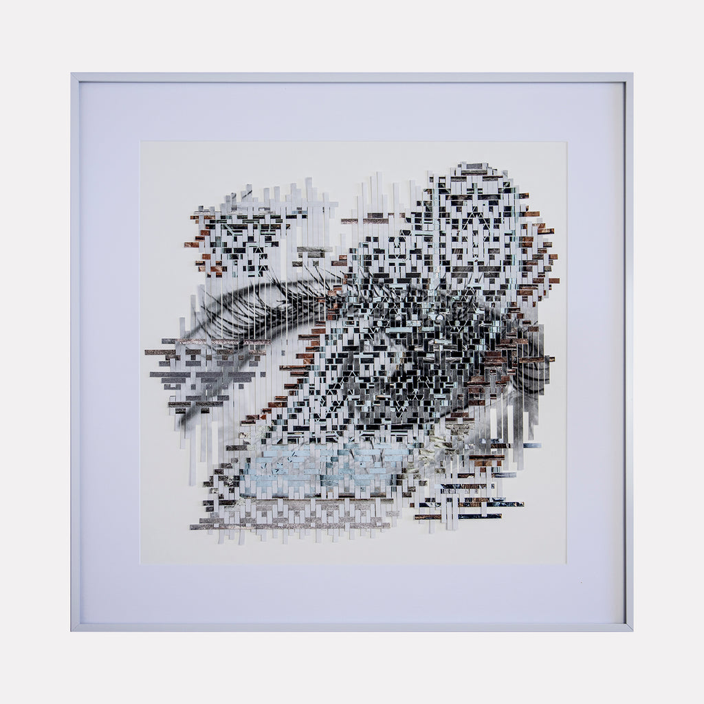 The artwork 'A Door Leading Nowhere' features an abstract digital composition with pixelated black geometric shapes scattered across a white background, accented with subtle touches of brown and pale blue. The pattern suggests architectural elements through fragmented, modernist arrangement. A framed contemporary print by Kiana Honarmand.