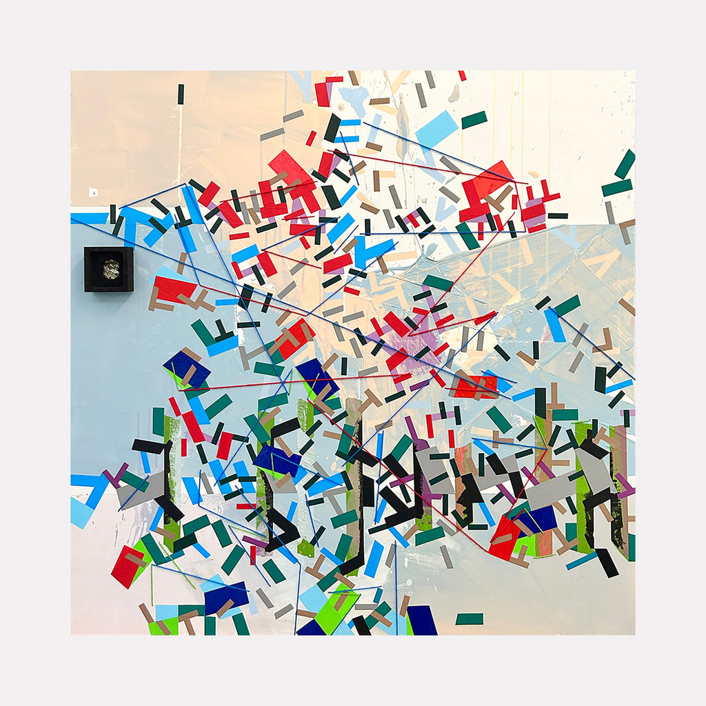 The artwork 'A gauche, Oddikk' by Philippe Halaburda features dynamic geometric fragments scattered across a pale background. Abstract rectangles in vibrant red, blue, green, and navy create a explosive pattern, resembling scattered confetti. The 48x48 inch mixed media piece combines sharp angular shapes with fluid movement, creating a sense of organized chaos. By Philippe Halaburda.