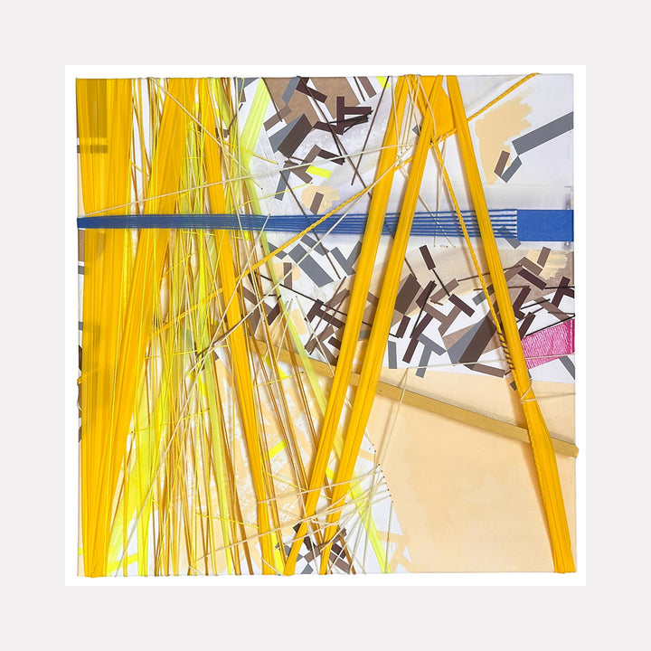 The artwork 'Aaii6orff' by Philippe Halaburda features dynamic yellow diagonal lines intersecting with abstract geometric shapes in brown and gray. The composition includes vibrant chartreuse accents and a blue horizontal band, creating a sense of movement and depth through mixed media techniques on a 30x30 inch canvas. By Philippe Halaburda.