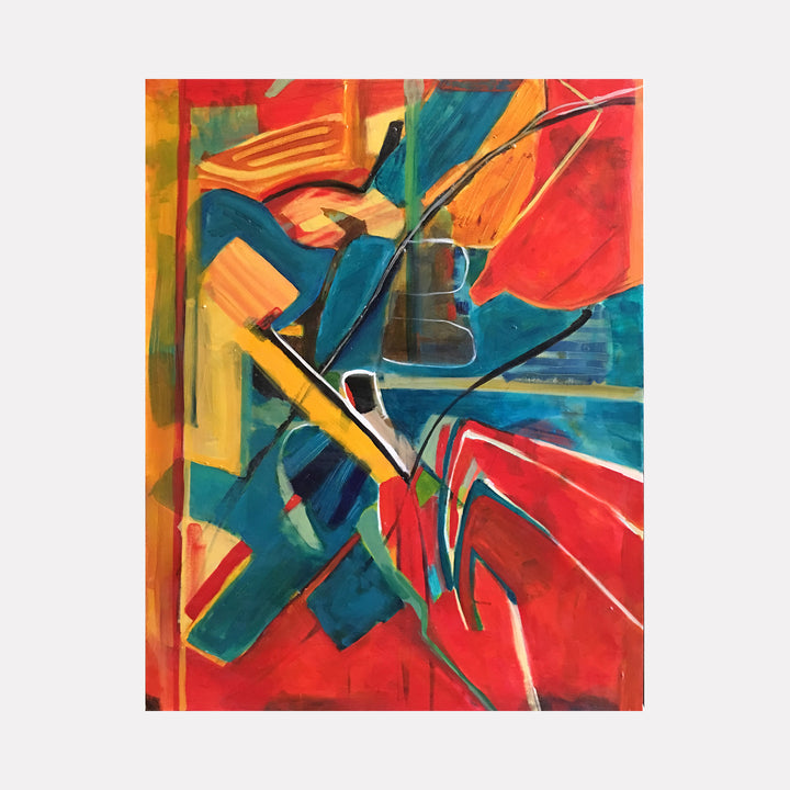 The artwork 'Abstract 2018.022' by Owen Brown features dynamic geometric shapes in vibrant teal, crimson red, and golden orange. Bold brushstrokes create angular forms that intersect dramatically across the acrylic canvas, suggesting movement and energy. The composition combines sharp edges with fluid transitions, creating a powerful contemporary abstract expression at 40x30 inches.