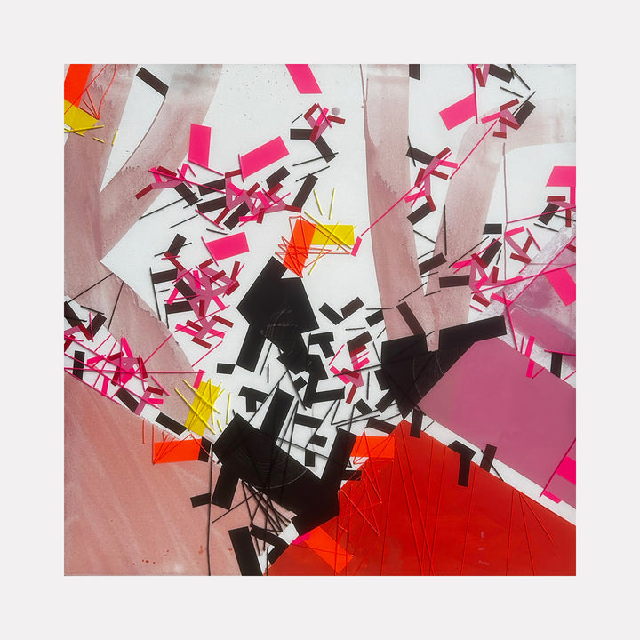 The artwork 'Addameiistt' by Philippe Halaburda features a dynamic abstract composition with geometric shapes in pink, black, red, and yellow against a white background. Angular fragments and rectangular forms create a sense of explosion and movement across the 48-inch square canvas, showcasing a mixed media technique with bold contrasting colors and sharp edges.