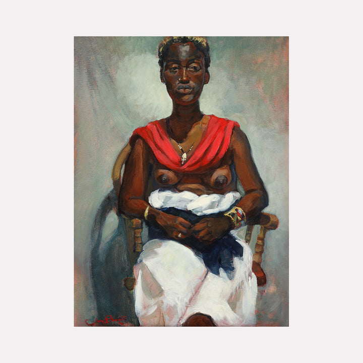 The artwork 'African Queen' by JaeMe Bereal features a portrait against a muted sage green background. The subject wears a vibrant red draped top and white fabric below, seated in a wooden chair. The painting showcases expressive brushwork in acrylic on canvas, with rich earth tones and dynamic color contrasts. A gold crown-like adornment creates a regal accent, emphasizing the portrait's noble character. - by JaeMe Bereal