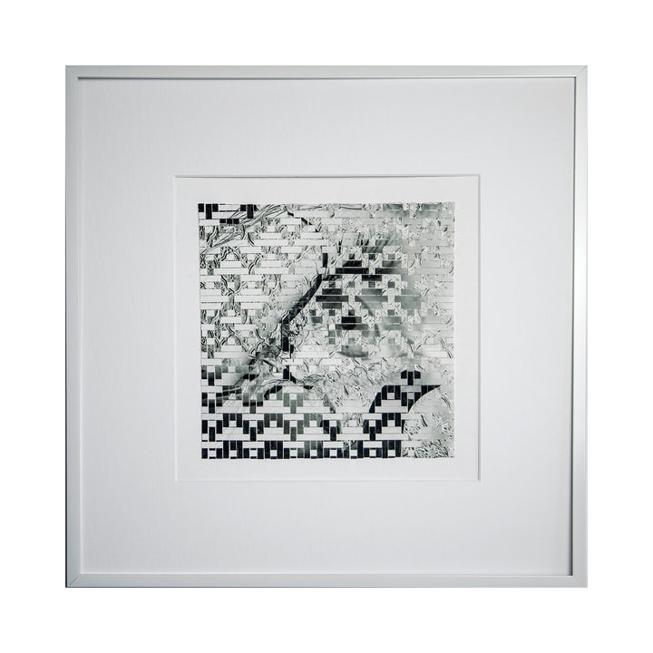 The artwork 'Afternoon Light' by Kiana Honarmand features a black and white abstract geometric composition with pixelated patterns and mosaic-like elements. The hand-cut and woven giclee prints create a dynamic interplay of light and shadow, with scattered pixel blocks forming an intricate landscape-inspired design, framed in crisp white matting. By Kiana Honarmand.