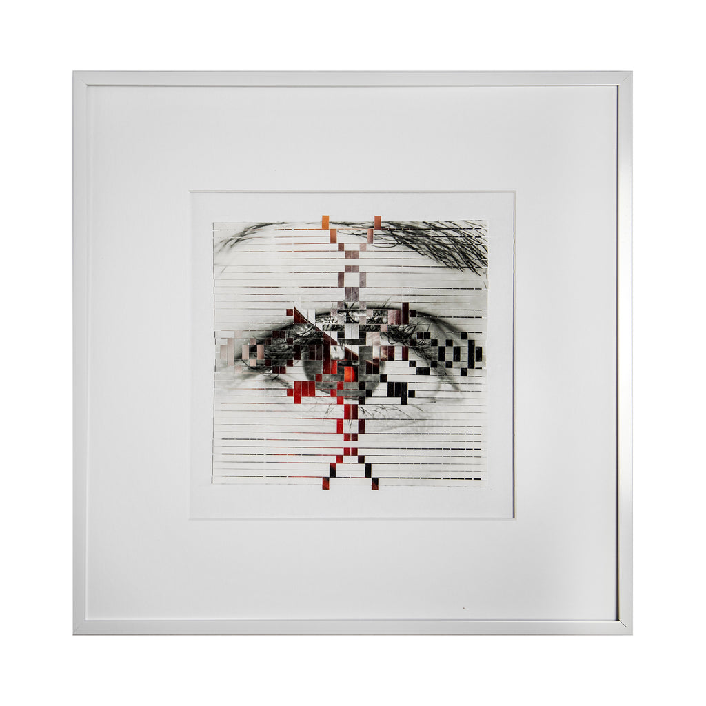 The artwork 'Afternoon Tea' by Kiana Honarmand features a pixelated geometric composition in black, white, and red tones. Hand-cut and woven giclee prints create an abstract pattern resembling a modernist tea set, with angular shapes forming a distinctive silhouette against horizontal lines. The 16x16 inch piece combines digital aesthetics with traditional craft techniques.