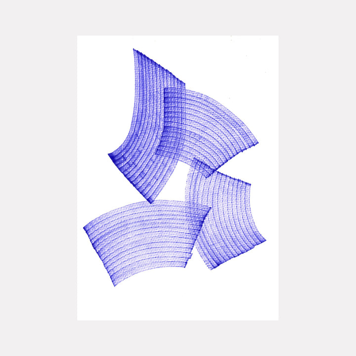 The artwork 'Airism' by Alina Glotova features abstract curved forms rendered in vibrant blue ink marker on white background. Three sweeping fan-like shapes with precise parallel lines create a dynamic minimalist composition, suggesting movement and flow. The geometric pattern demonstrates precise linework and architectural quality, 40x30 inches.